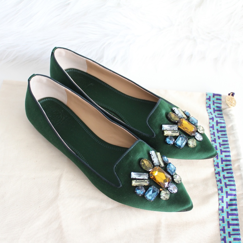Tory Burch Mayada Emerald Satin Smoking Flats 10M - Picture 2 of 8